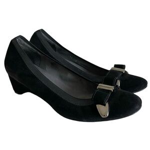 Stuart Weitzman Black Suede Bow Low Wedge Pump Shoes Size 6.5
